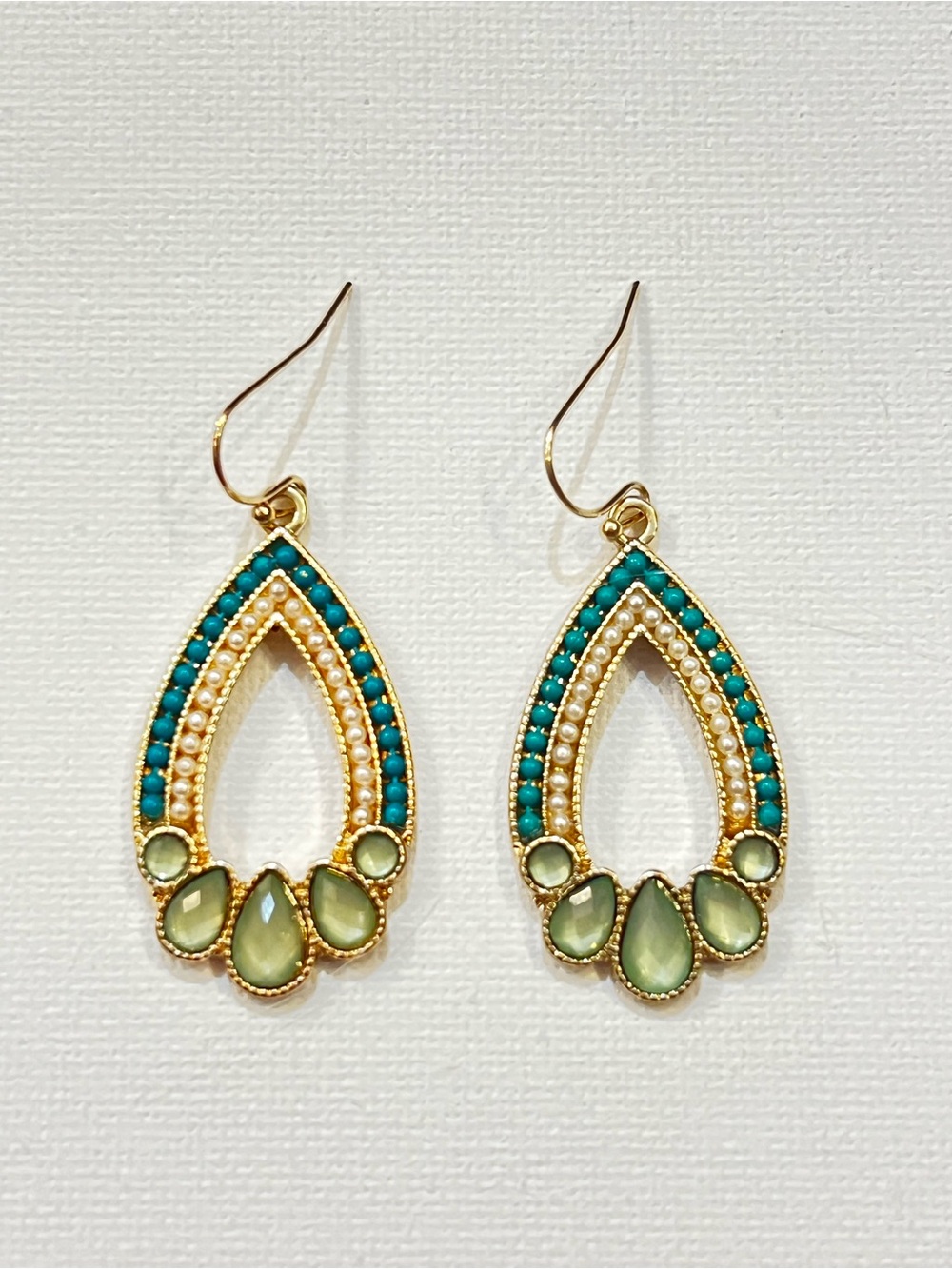 Vintage Gold Teardrop Earrings with Turquoise and Olive accents